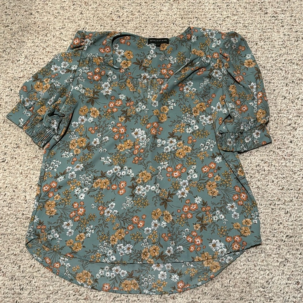 Apt. 9 Green Floral Blouse - Short Puff Sleeve